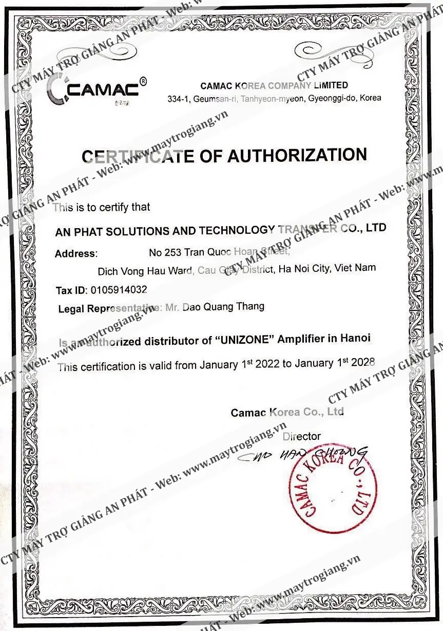 An Phat nhan giay uy quyen phan phoi may tro giang unizone